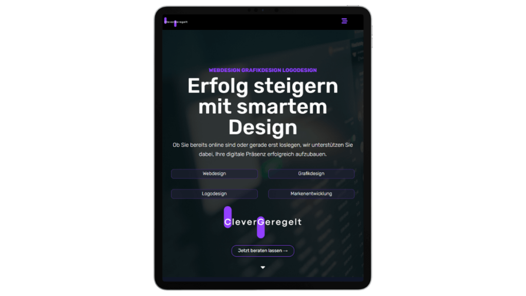 Darstellung einer responsiven Webseite von CleverGeregelt auf einem Tablet mit Fokus auf Webdesign, Grafikdesign und Logodesign.