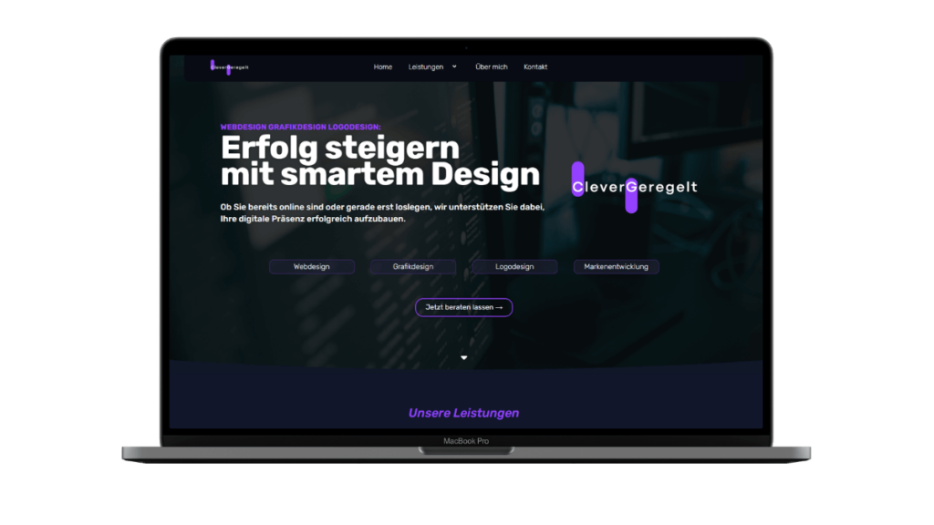 Laptop-Ansicht einer Webseite mit Fokus auf Webdesign, Grafikdesign und Logodesign, präsentiert von CleverGeregelt.